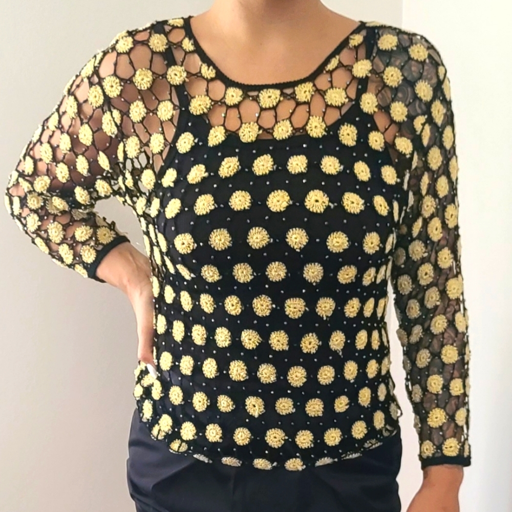 Vintage Handmade Crocheted Black & Gold 3/4 Sleeve Top